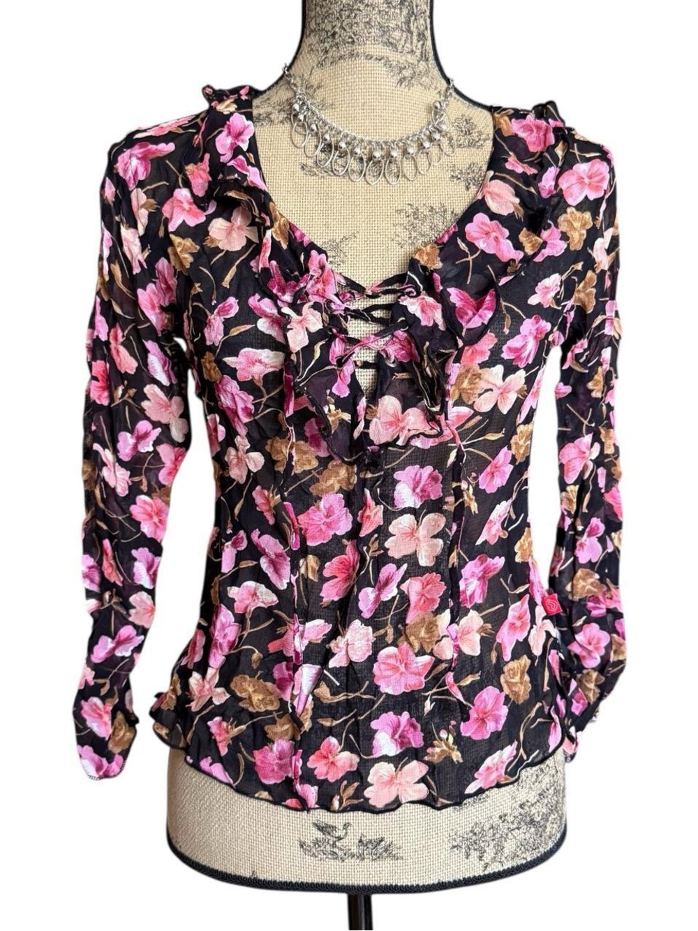 Y2K Floral Lace-Up Ruffle Blouse Size M